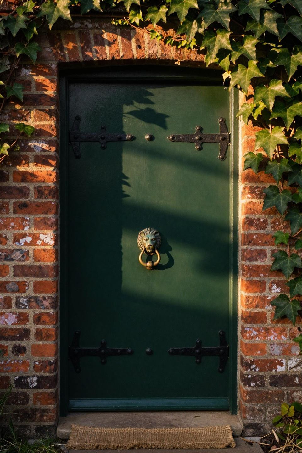 deep forest green door with hand forged iron studs and aged brass lion knocker on cotswolds red brick manor with climbing ivy