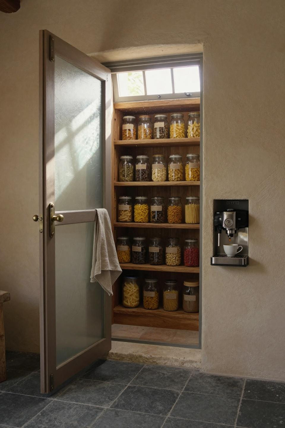 frosted glass pantry door with geometric etched pattern and hand-forged iron hinges in provencal stone kitchen