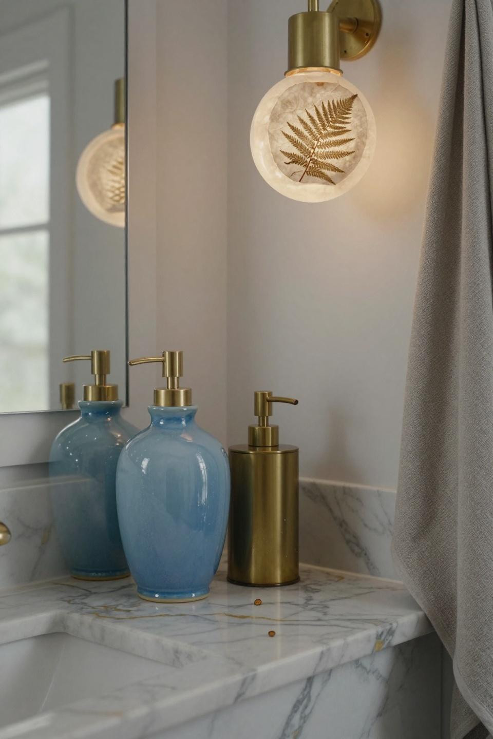 hand-thrown glacier-blue ceramic vessels beside brushed brass soap dispensers on calacatta marble with fossilized fern impression