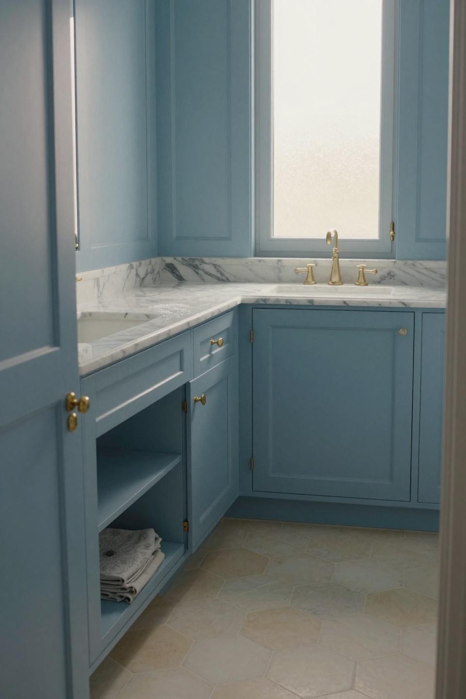 glacier blue wainscoted bathroom cabinets with unlacquered brass hardware and carrara marble countertop fossil detail
