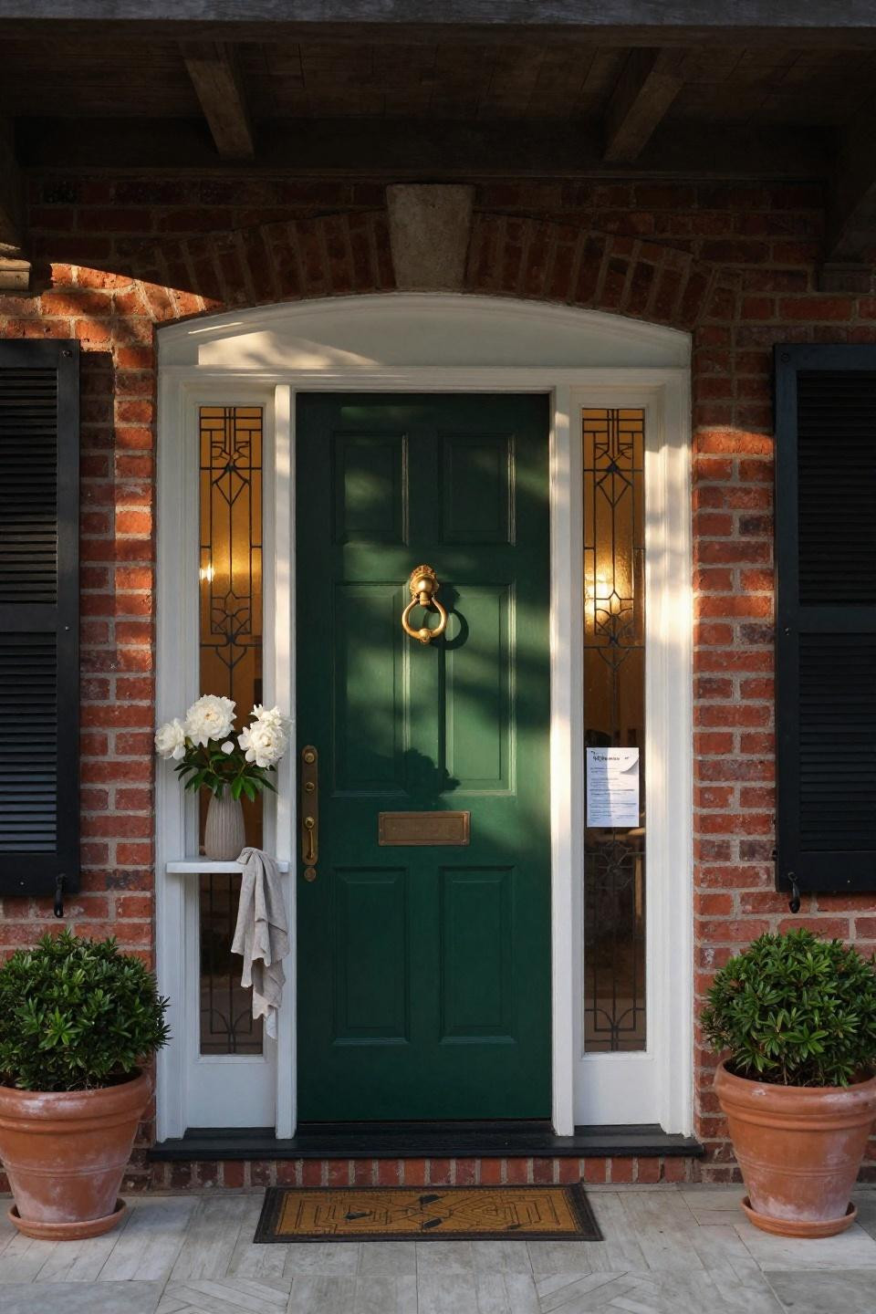 deep forest green front door with unlacquered brass hardware and geometric art deco privacy film sidelights on red brick manor