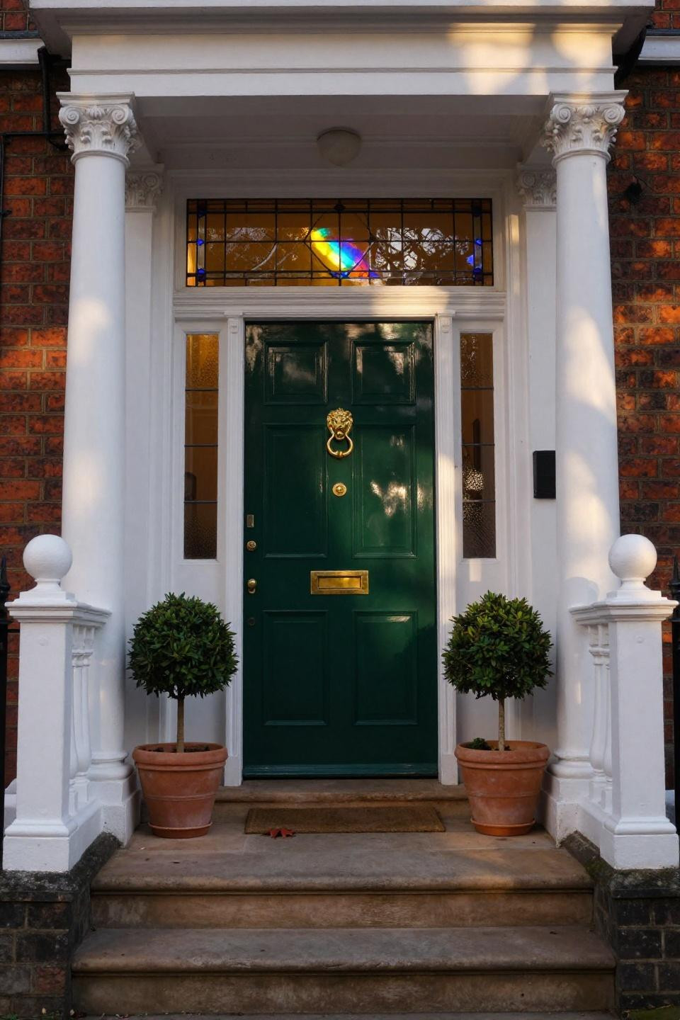 glossy forest green victorian door with brass lion knocker and stained glass transom on red brick georgian townhouse