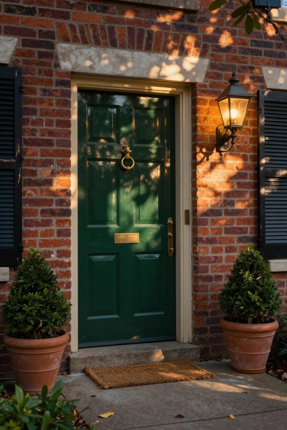 glossy deep forest green six panel door with aged brass knocker and black shutters on red brick charleston home