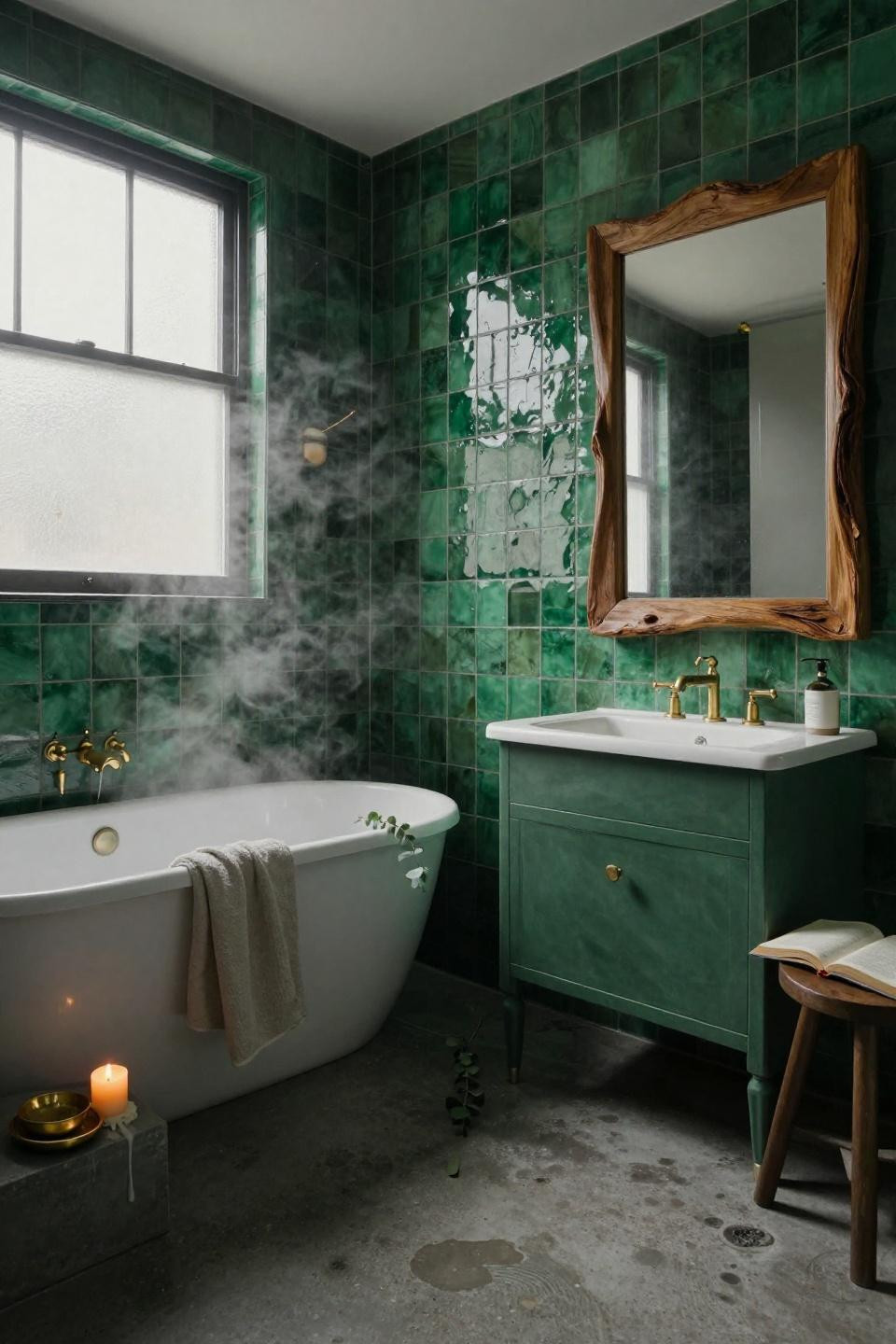 Green tile bathroom with floor-to-ceiling zellige tiles