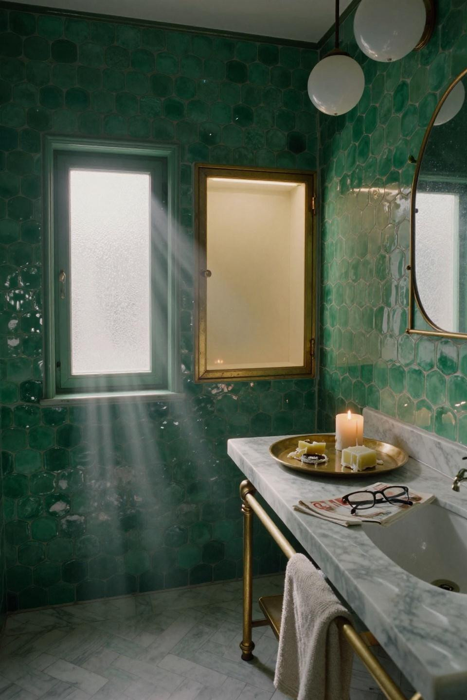 Green tile bathroom with penny tiles in herringbone pattern