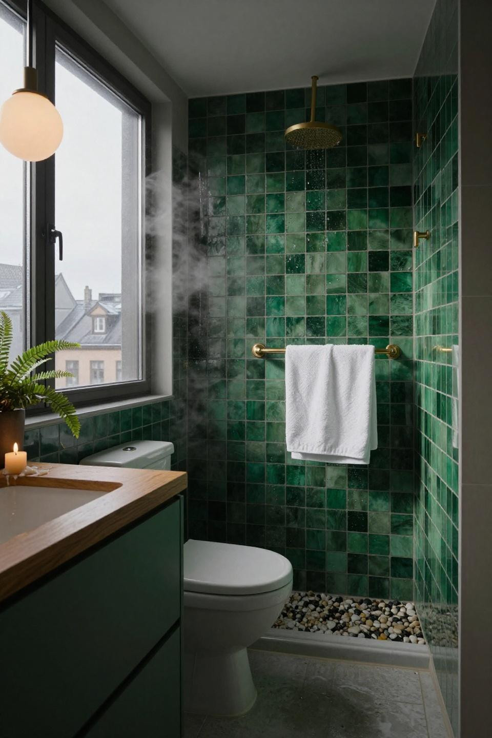 Mid century modern bathroom with emerald green tiles