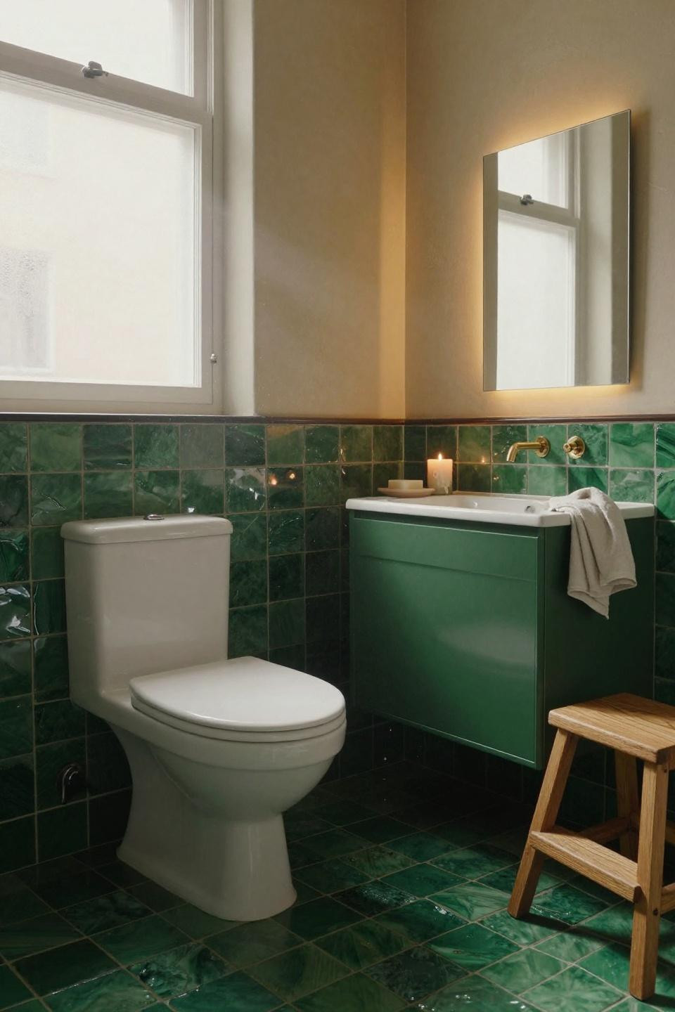 Green tile bathroom powder room with zellige tiles