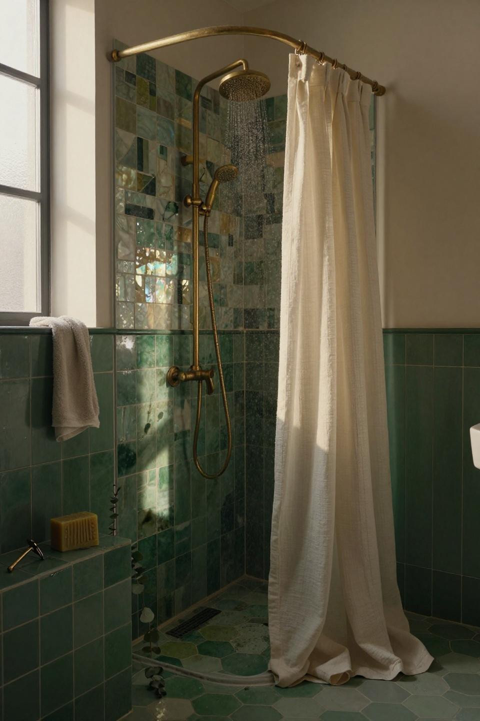 Green tile bathroom with zellige tiles and dual shower heads
