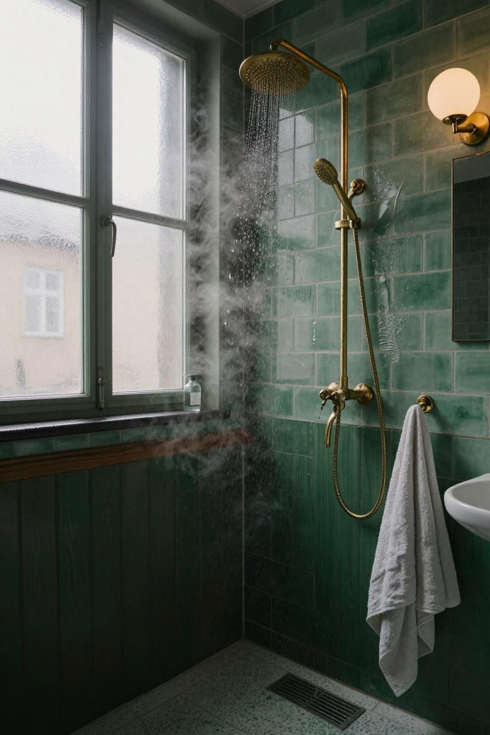 Green tile bathroom with celadon subway tiles and brass fixtures