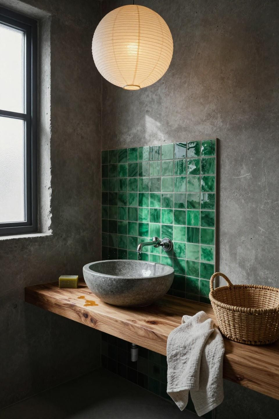 Green tile bathroom with emerald zellige accent niche