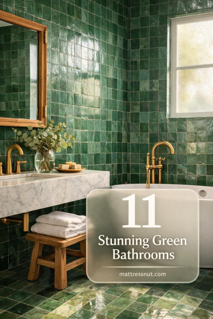 Bathroom featuring sage green subway tiles on walls, white fixtures, brass hardware, and sunlight streaming through window