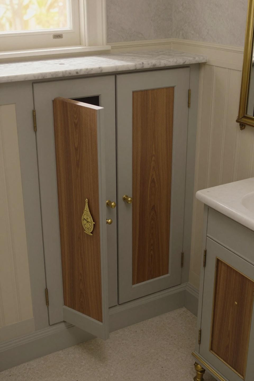 greige shaker bathroom cabinets with brass hardware above cream wainscoting panels and travertine floor