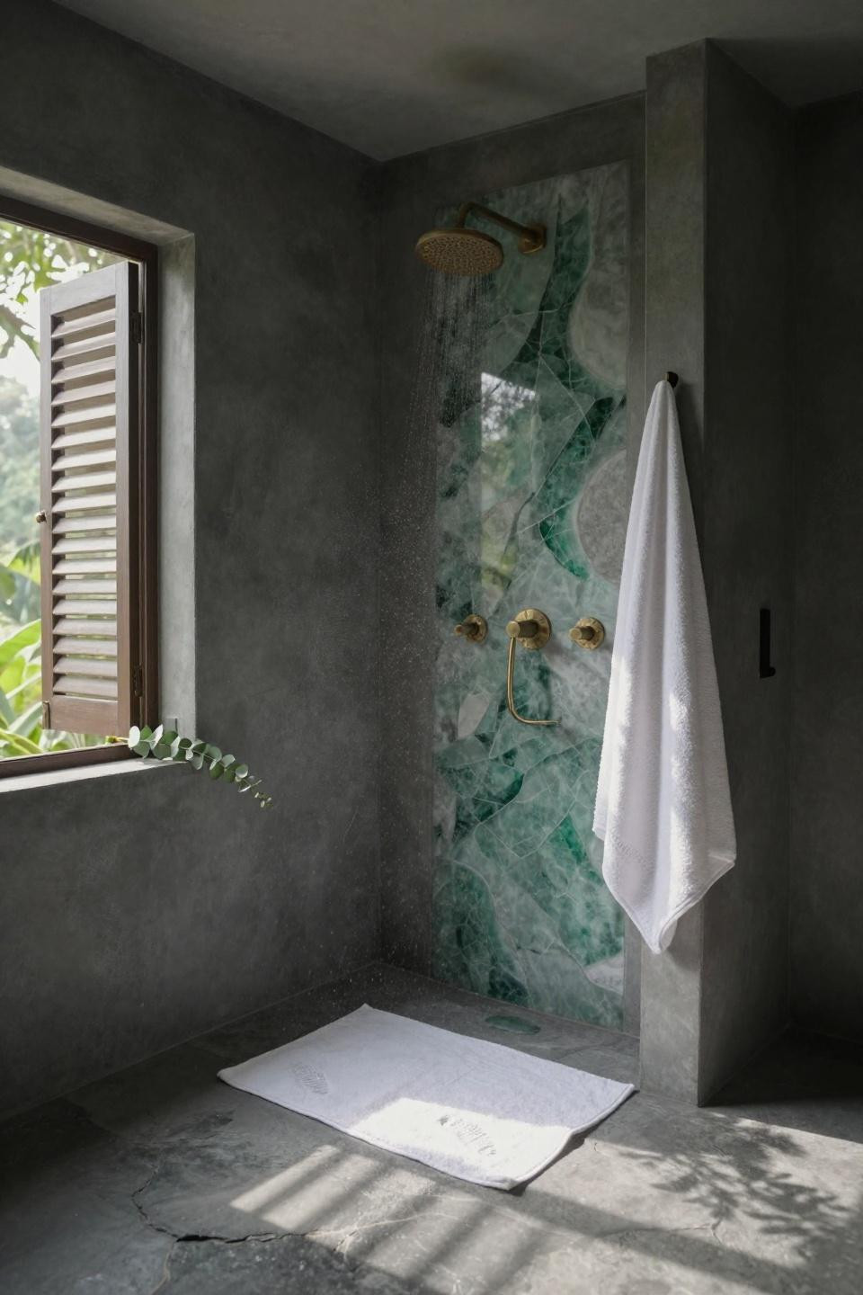 white and grey bathroom - walk-in shower with jade onyx accent panel and teak showerhead