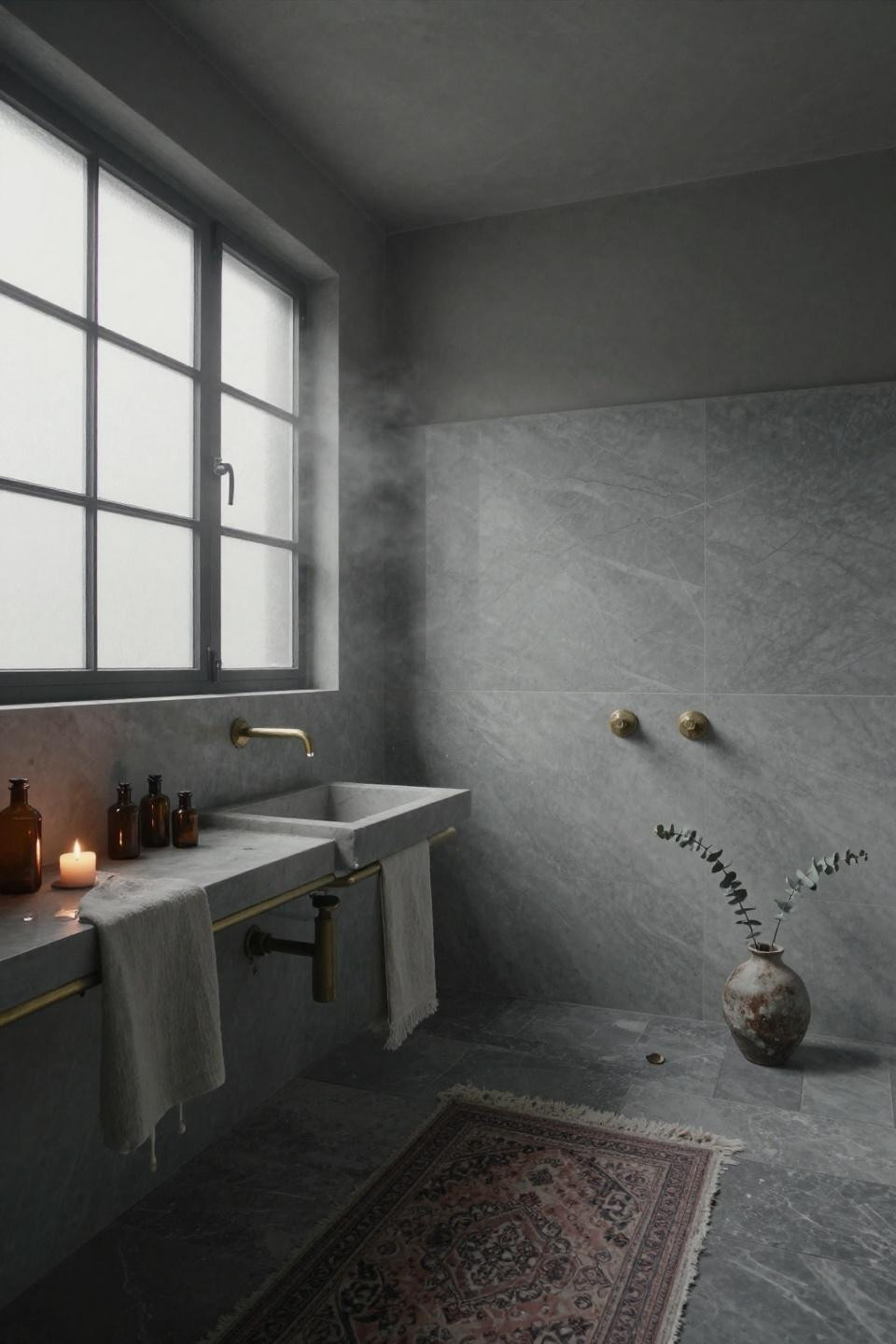 bathroom aesthetic - industrial grey bathroom with concrete trough sink