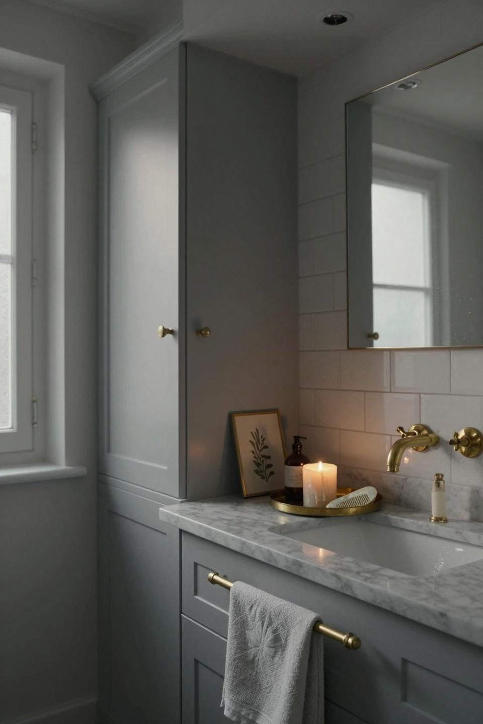 grey bathroom ideas - dove grey vanity with unlacquered brass fixtures