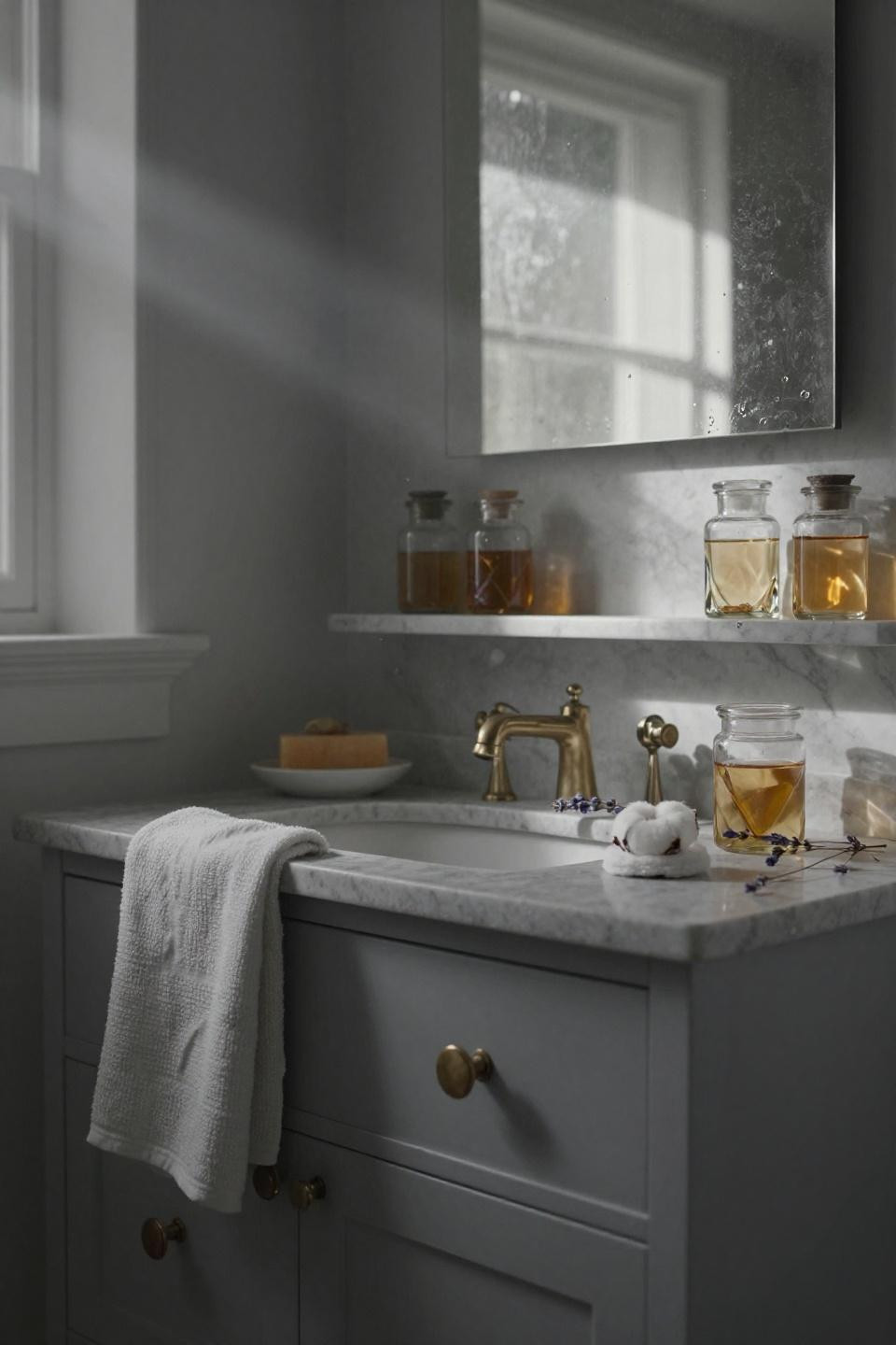 tiny bathroom ideas - shaker vanity with mercury glass mirror and marble niche shelves