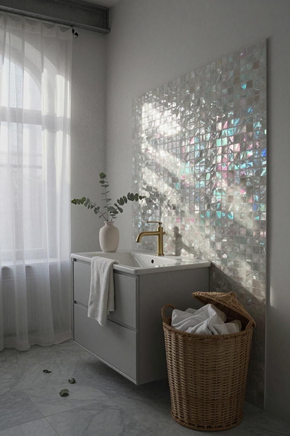small bathroom interior - dove grey vanity with iridescent mosaic accent wall