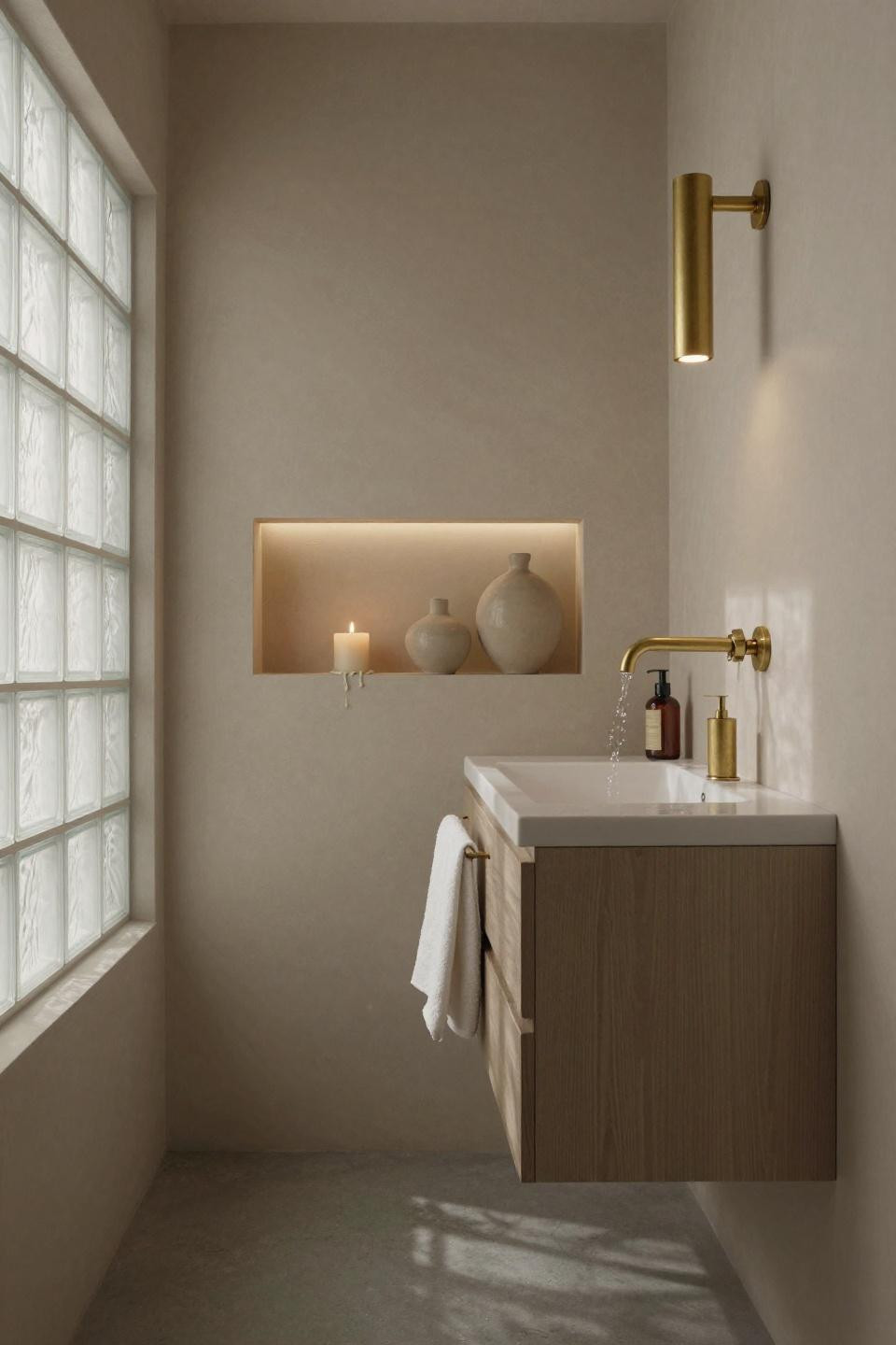 grey bathrooms designs - venetian plaster walls with waterfall faucet and oak vanity