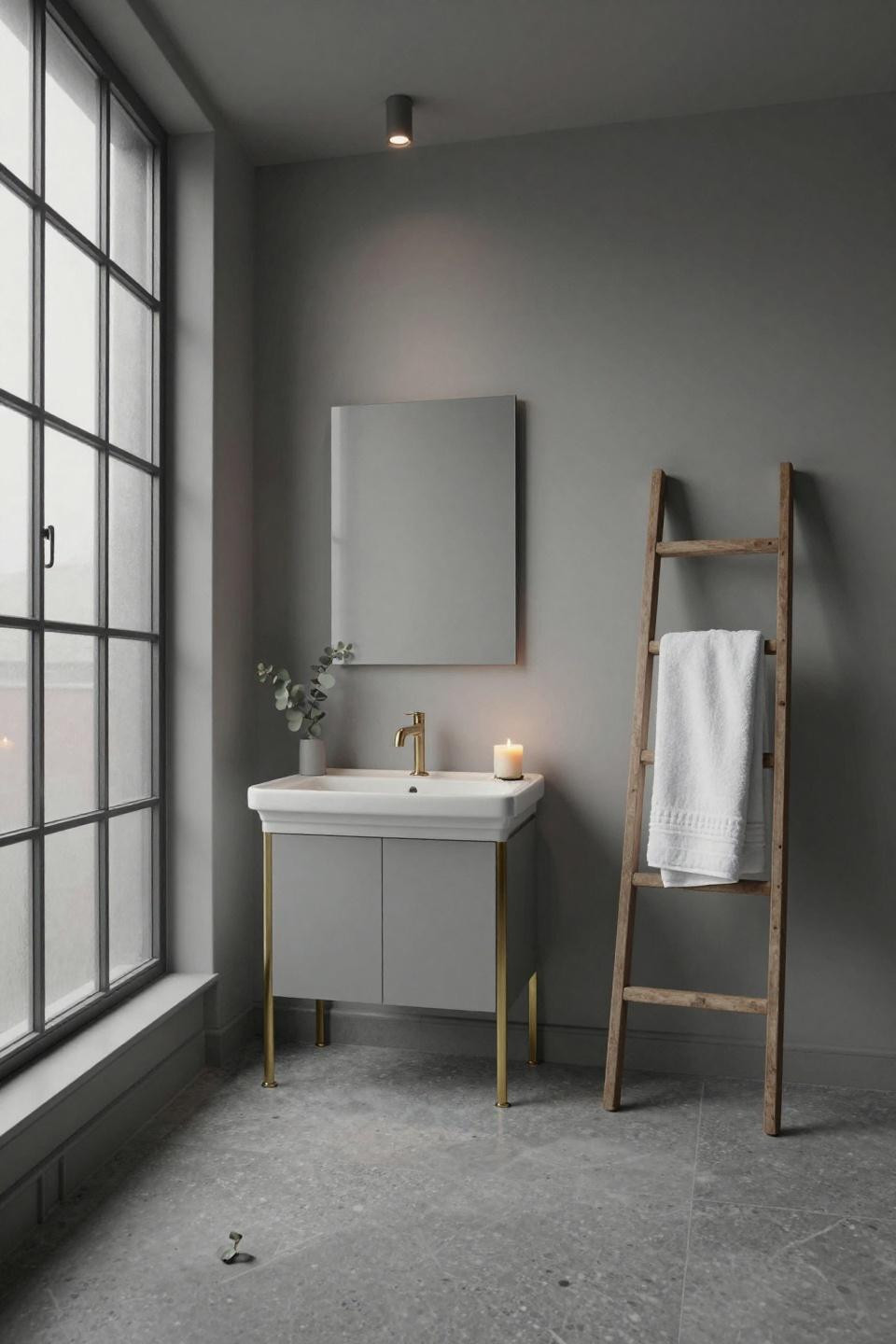 aesthetic bathroom - dove grey vanity with vintage ladder towel rack