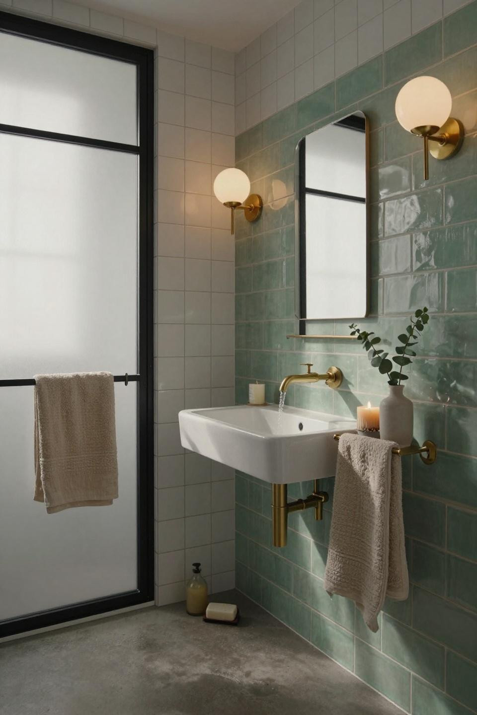 modern bathroom ideas - celadon subway tile with brushed brass waterfall faucet