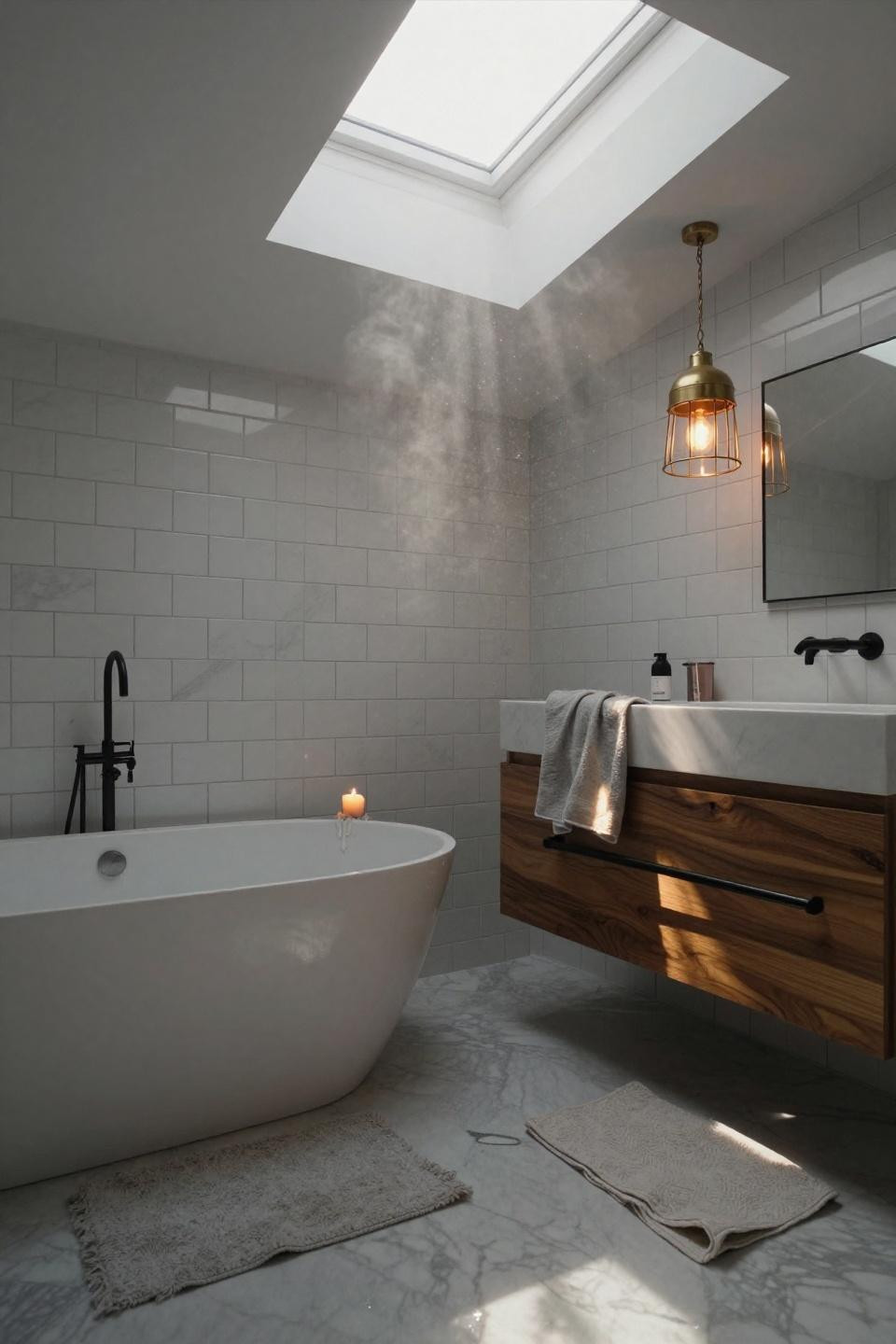 modern bathroom design - freestanding tub under skylight with floating walnut vanity
