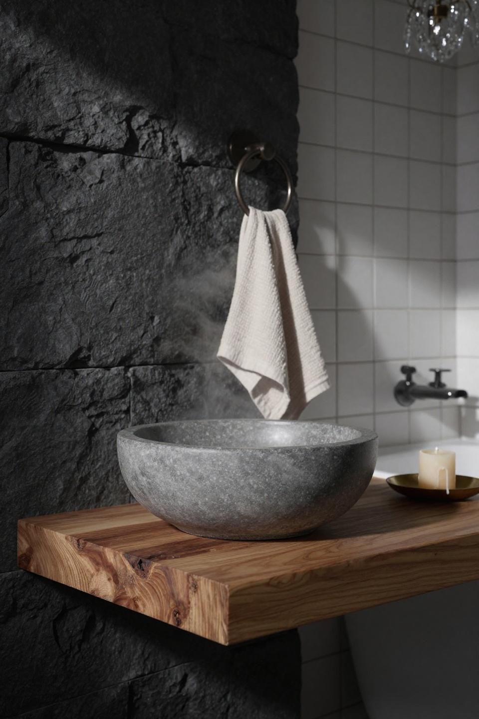 small full bathroom ideas - hand-carved limestone vessel basin on walnut counter