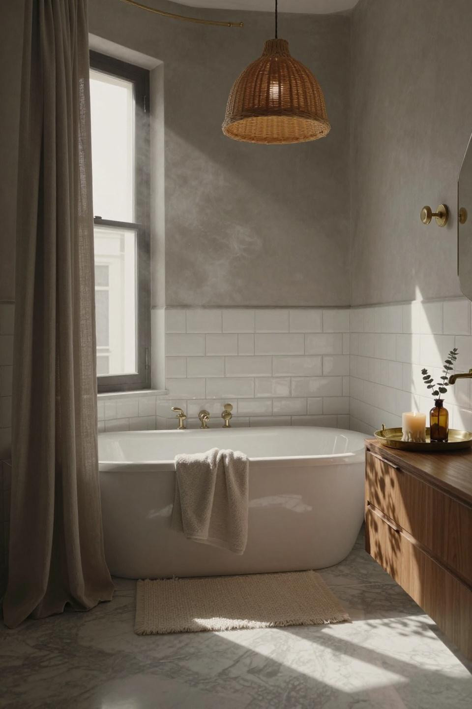 grey bathroom ideas - arched alcove bathtub with venetian plaster and brass tray styling