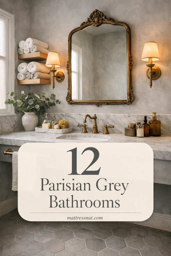 Elegant grey bathroom with marble tiles, freestanding tub, brass fixtures, and soft natural light filtering through window