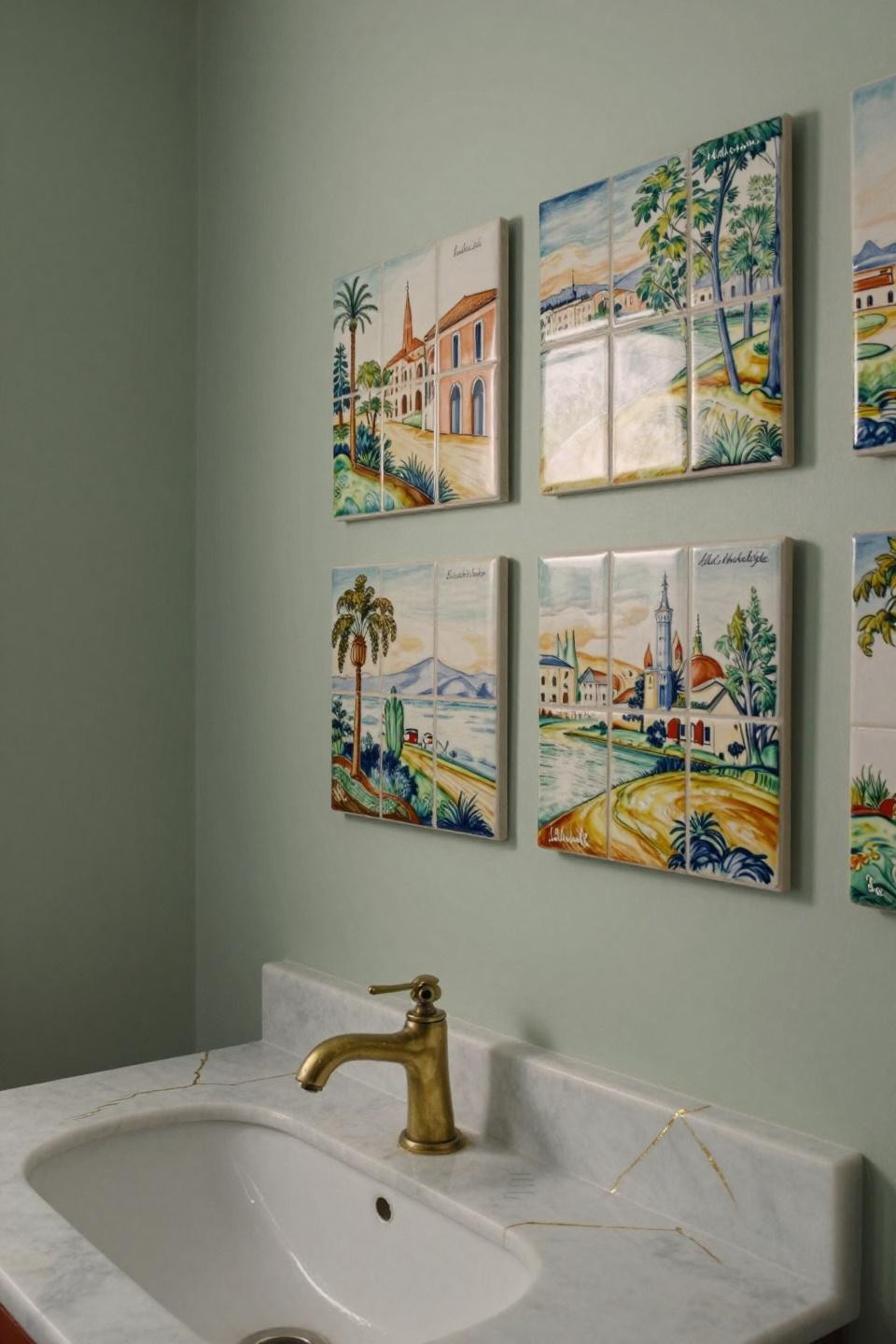 bathroom wall decor salon gallery featuring oversized hand-painted florentine ceramic tiles on sage green walls