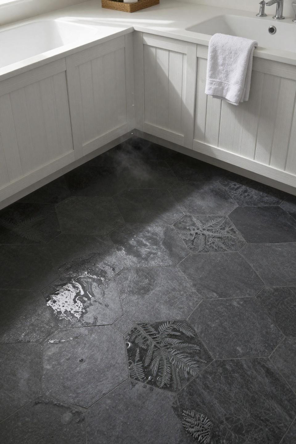 bathroom flooring ideas showing deep charcoal hexagonal slate tiles with prehistoric fern fossil impressions and cerused white oak wainscoting