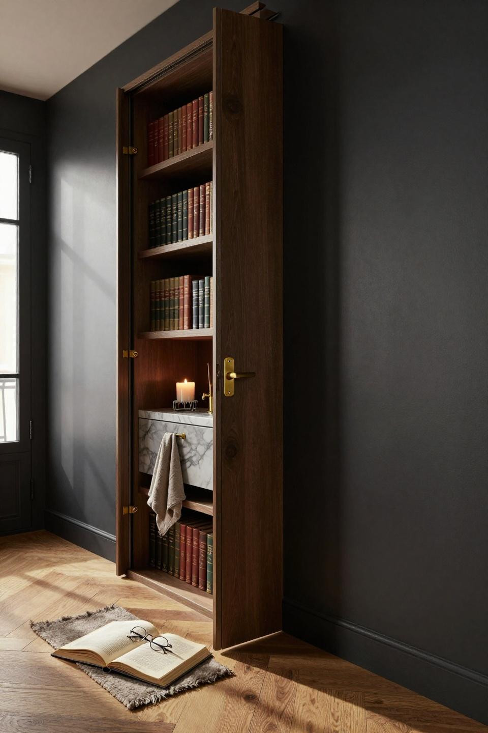 hidden sliding door with walnut veneer and brass fixtures revealing marble powder room in parisian apartment