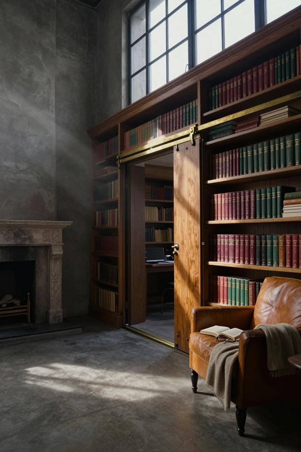 hidden bookshelf door with honey oak shelving and brass hardware concealing private study in warehouse library