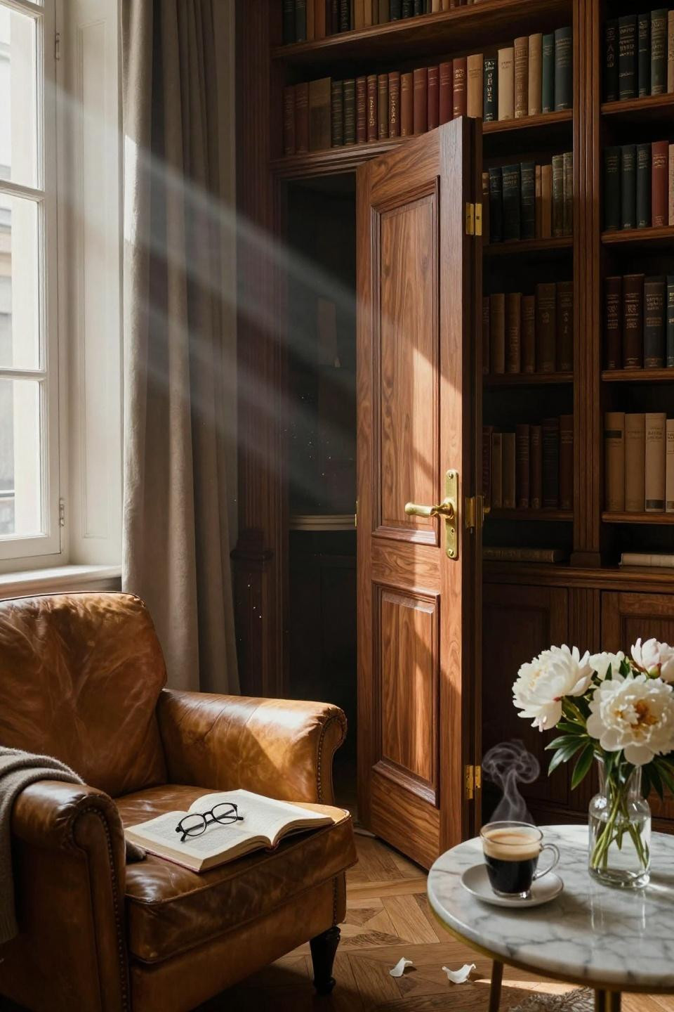 hidden bookshelf door pivoting on invisible hinges revealing powder room in parisian haussmann library