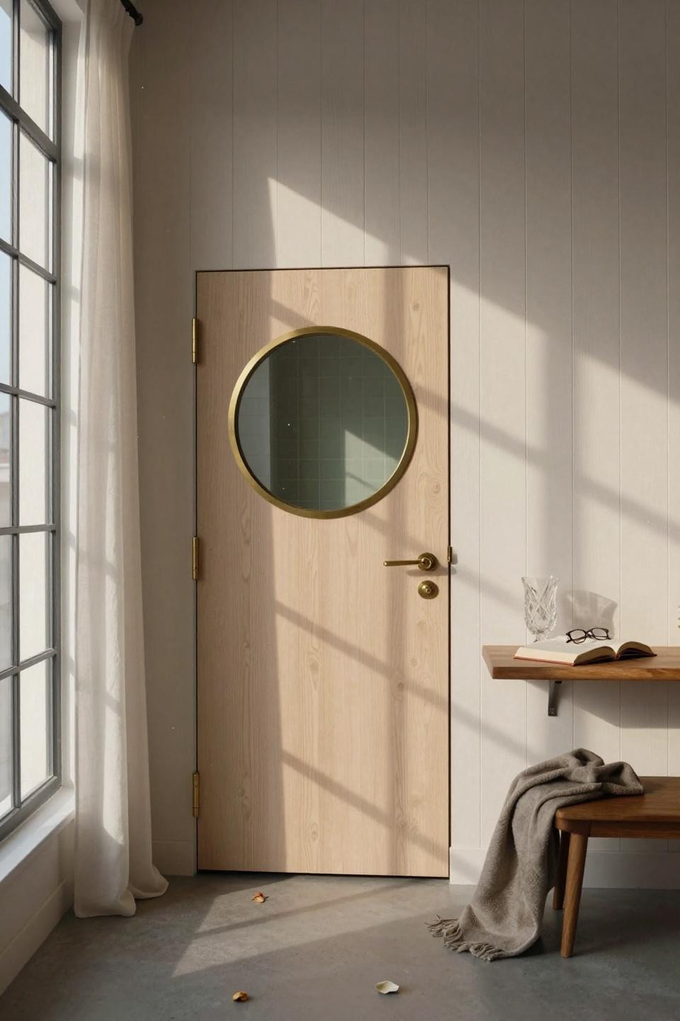 hidden door design modern with white oak panels and brass porthole window in copenhagen warehouse loft