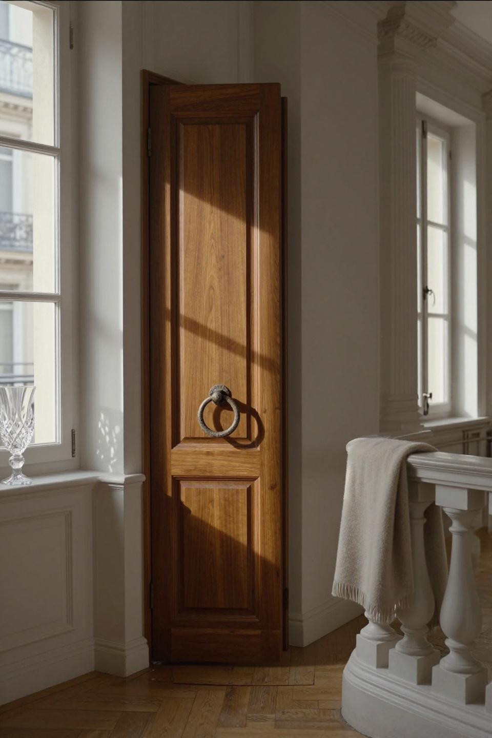 hidden door design modern with book-matched walnut and aged iron ring handle in haussmann apartment
