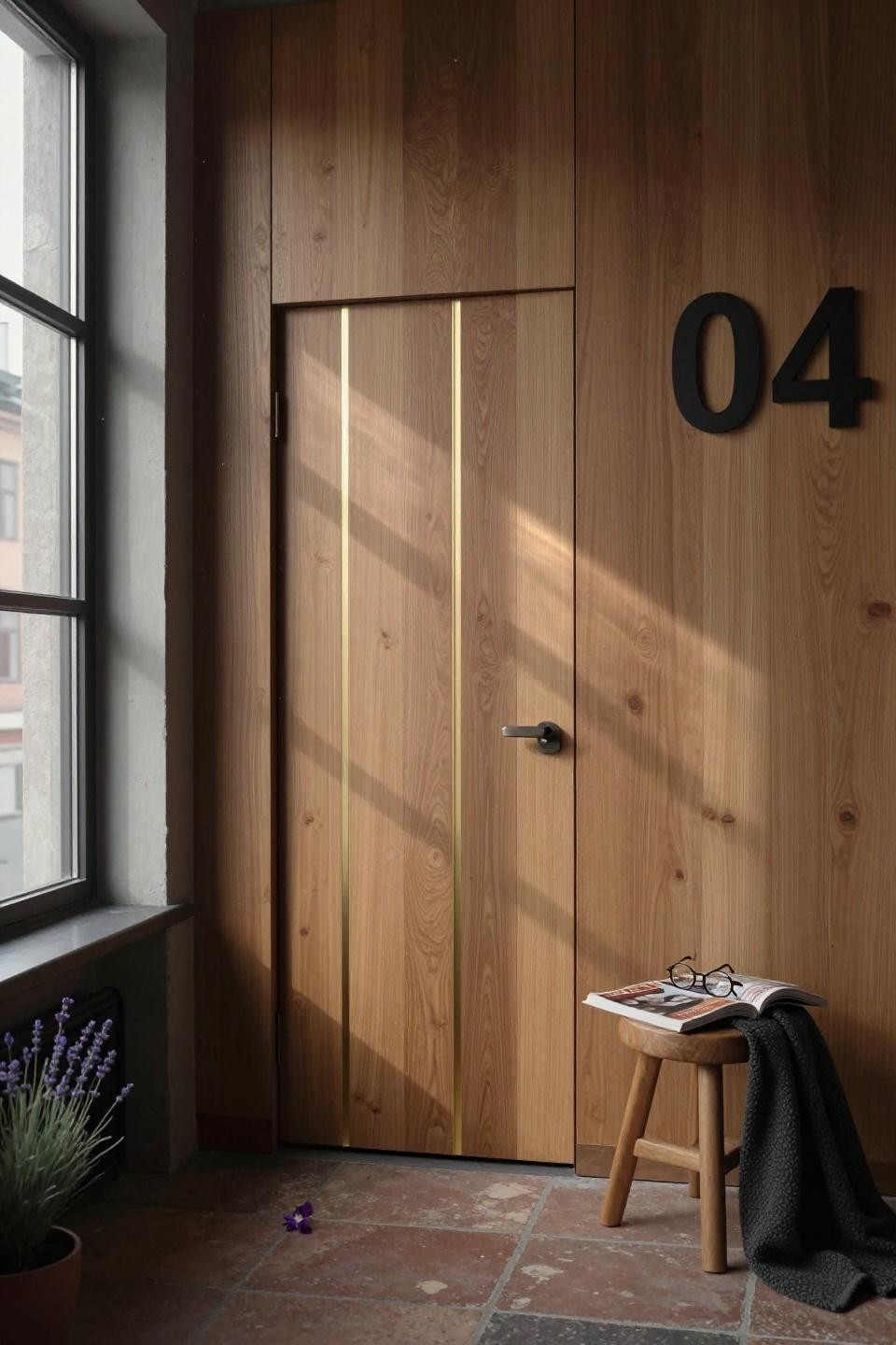 hidden door design modern with oak battens and brass inlay concealing entry in warehouse conversion