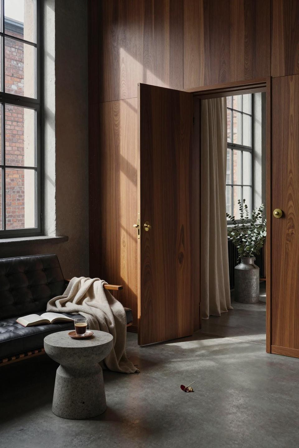 hidden door design modern with book-matched walnut paneling and invisible brass latch in copenhagen loft