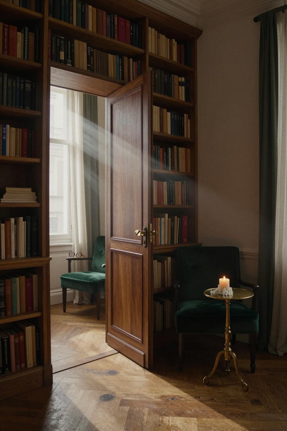 hidden door ideas with custom walnut bookshelf door and leather spines in parisian apartment library