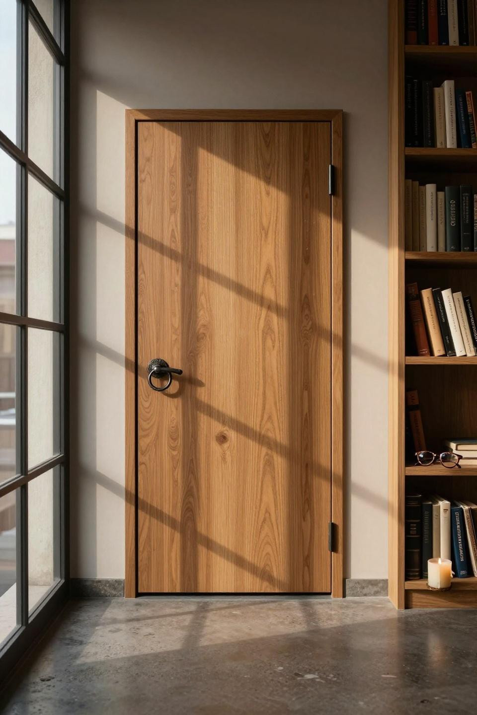 hidden door ideas with flush-mount oak door and recessed iron ring in milanese loft library