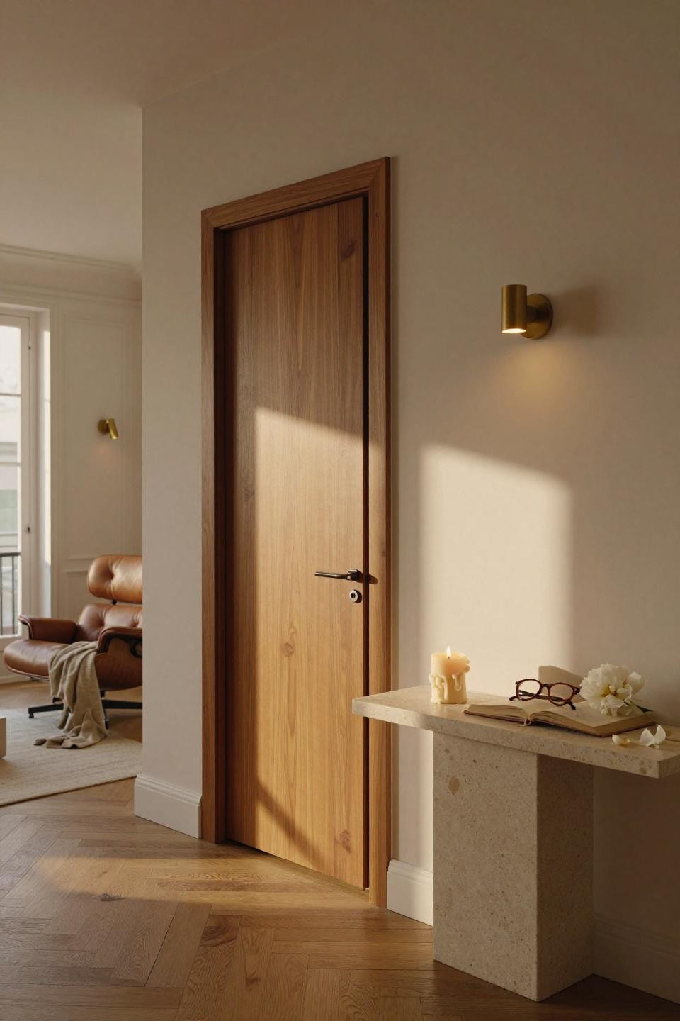 hidden door ideas with magnetic push-latch and book-matched walnut veneer in parisian apartment living room