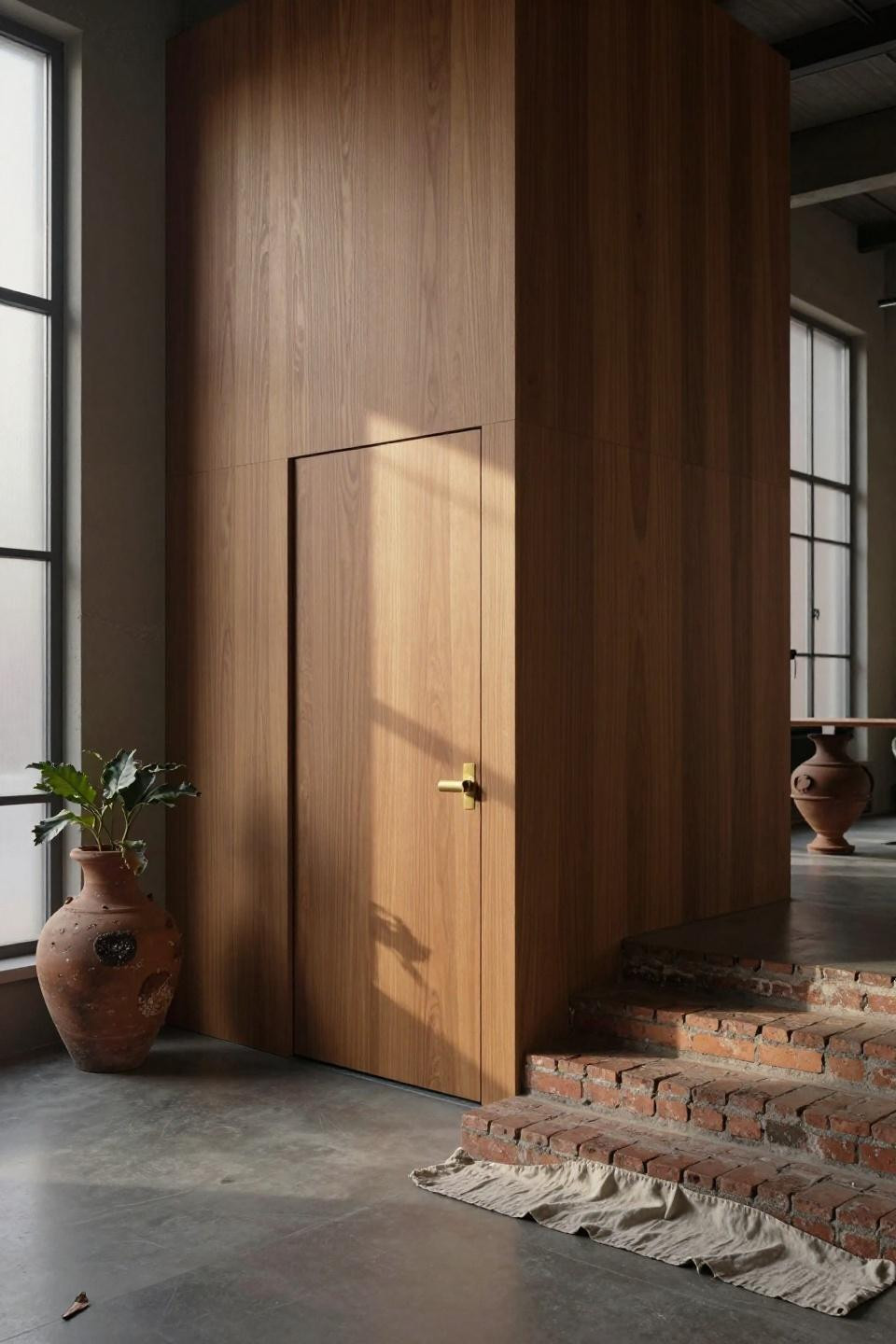 hidden door ideas with seamless walnut paneling and brass finger-pull in minimalist entrance hall