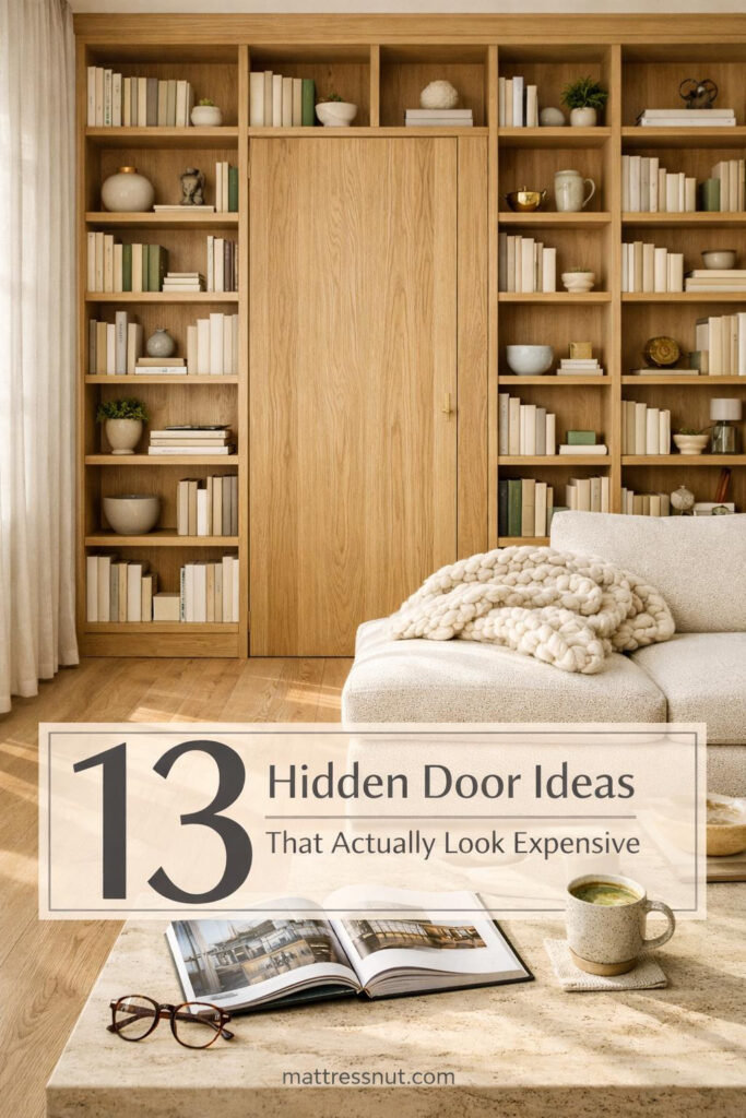 Elegant hidden door seamlessly integrated into white wall paneling with brass hardware in modern luxury interior