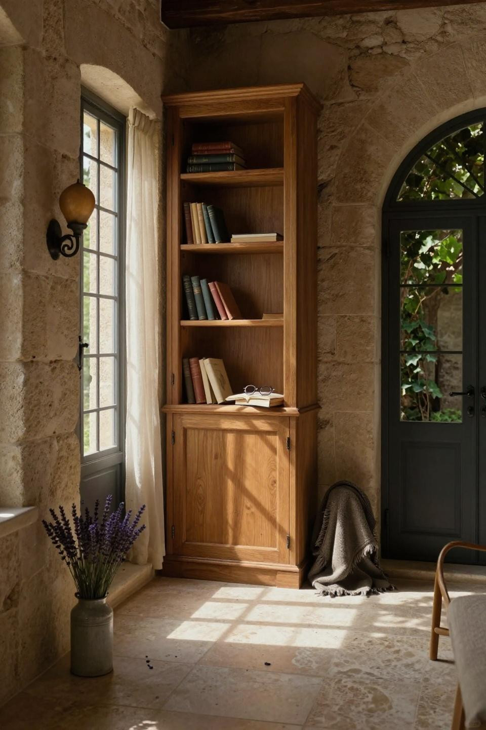 hidden door ideas with floor-to-ceiling honey oak bookshelf and invisible hinges in provencal stone house