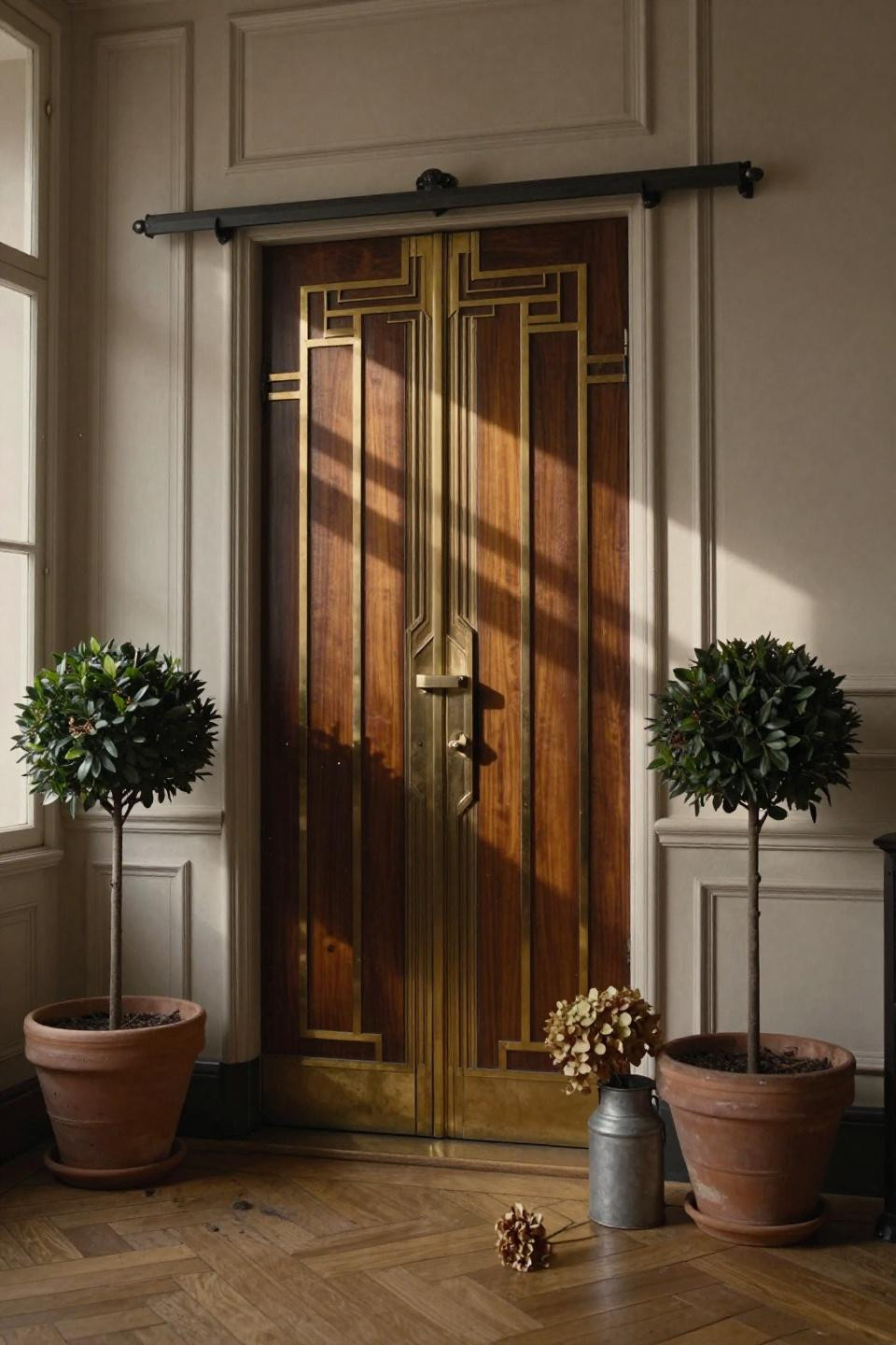 hidden door with macassar ebony veneer and art deco brass geometric inlay in 1920s parisian apartment