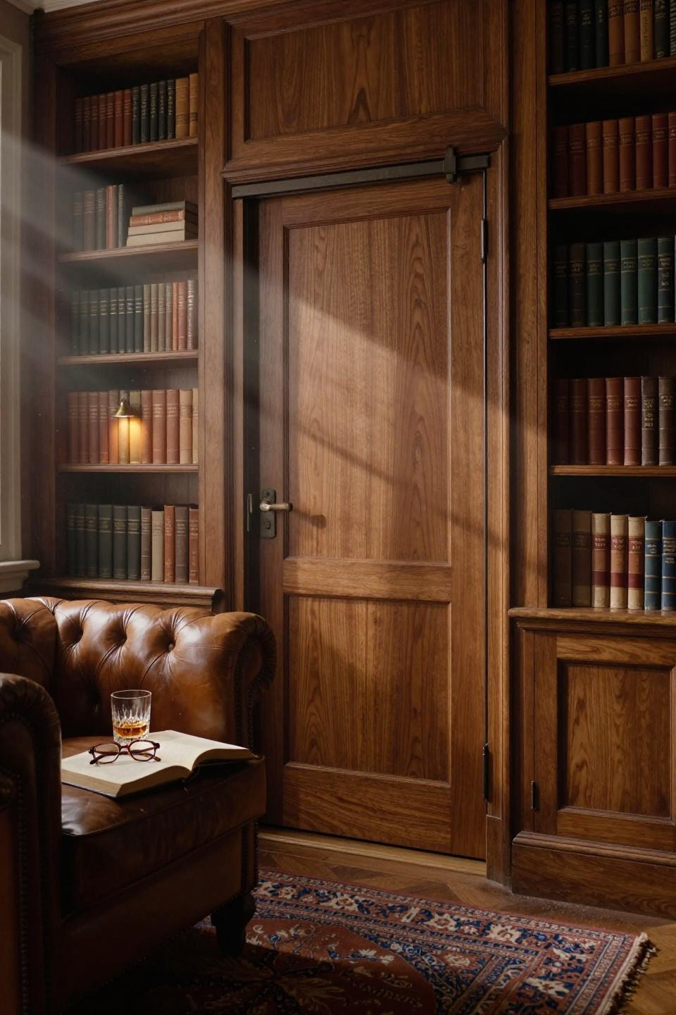 hidden door in carved walnut boiserie with imperceptible shadow line and recessed bronze handle in london mayfair