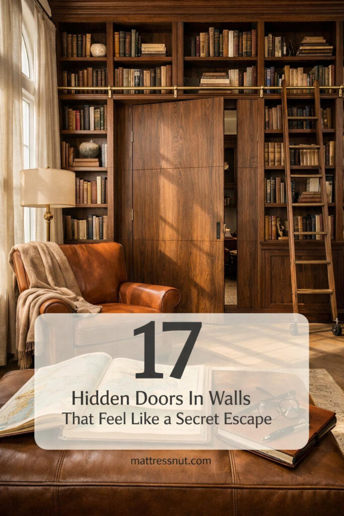 Concealed doorway blending seamlessly into white paneled wall with elegant trim work and subtle architectural details