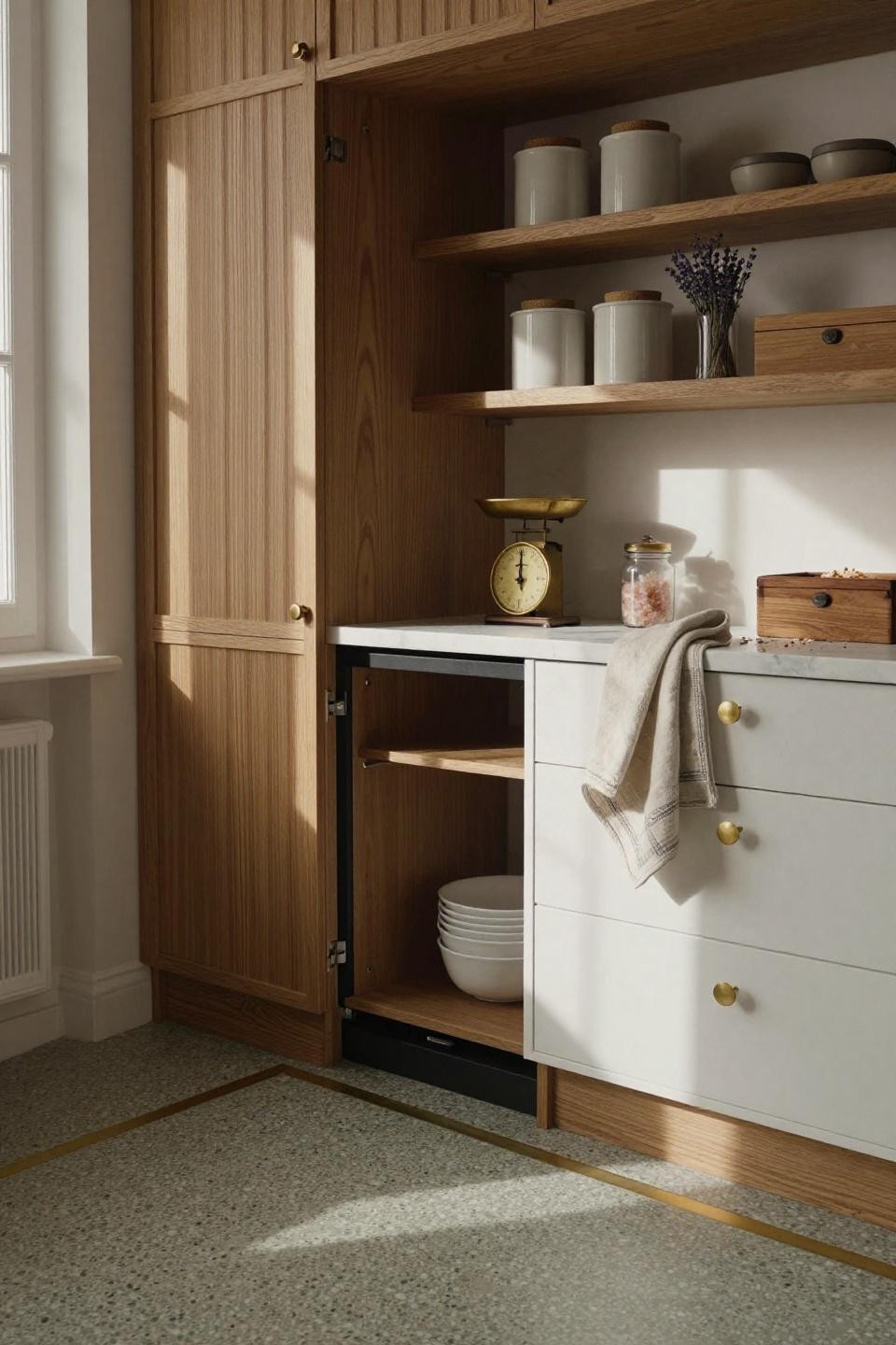 hidden butlers pantry with integrated dishwasher concealed behind fluted white oak panels and terrazzo flooring with brass inlay
