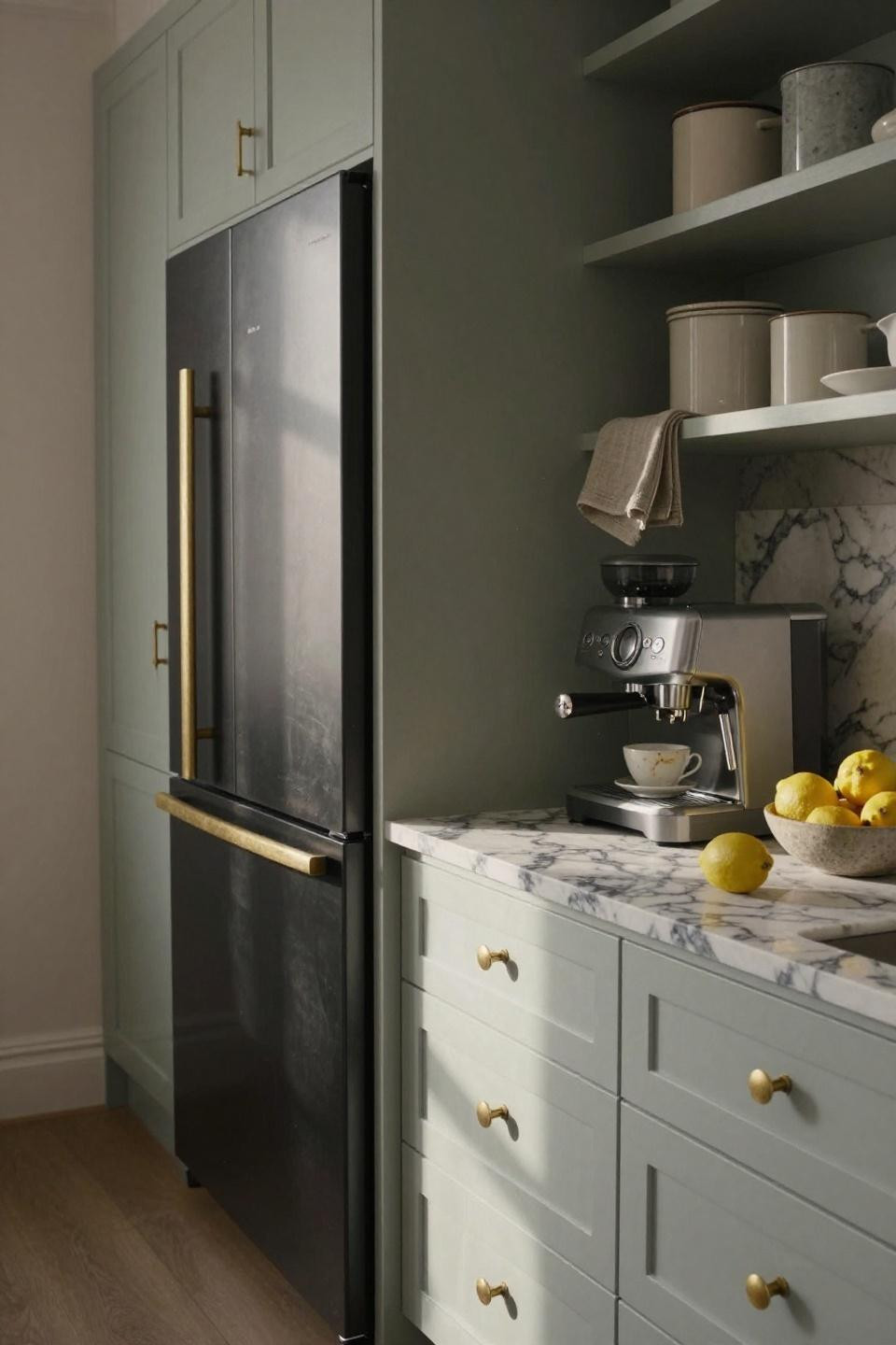 appliance pantry with matte black french door refrigerator behind white oak pocket doors and sage green cabinetry