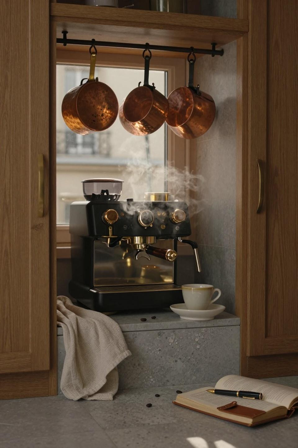 hidden pantry with unlacquered brass espresso niche in white oak butler's pantry with limestone floor and copper pots