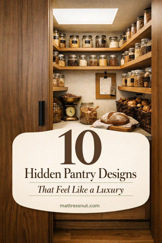 Walk-in pantry concealed behind white cabinet doors with organized shelving, baskets, and premium food storage solutions